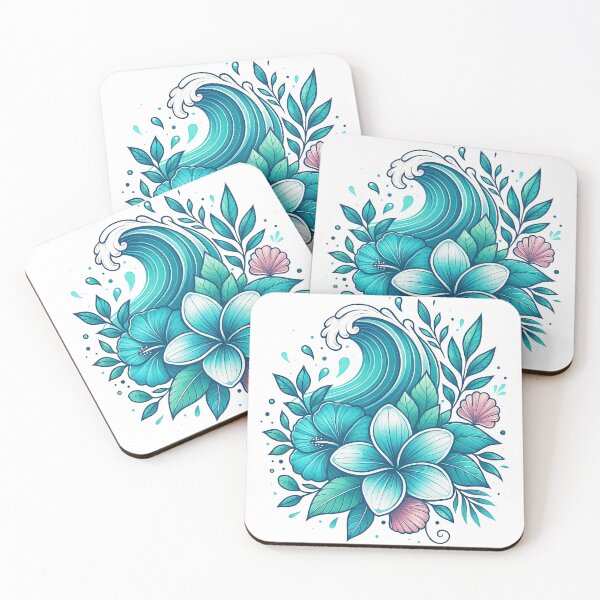 Item preview, Ocean Wave with Tropical Flowers and Leaves Illustration designed and sold by ArtfulWeave.
