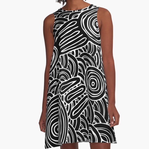 Authentic Aboriginal Art - Meeting Places B&W A-Line Dress