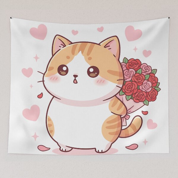 Item preview, Chibi Cat Surprise – Cute Fat Kitty with Valentine Roses designed and sold by meesub.