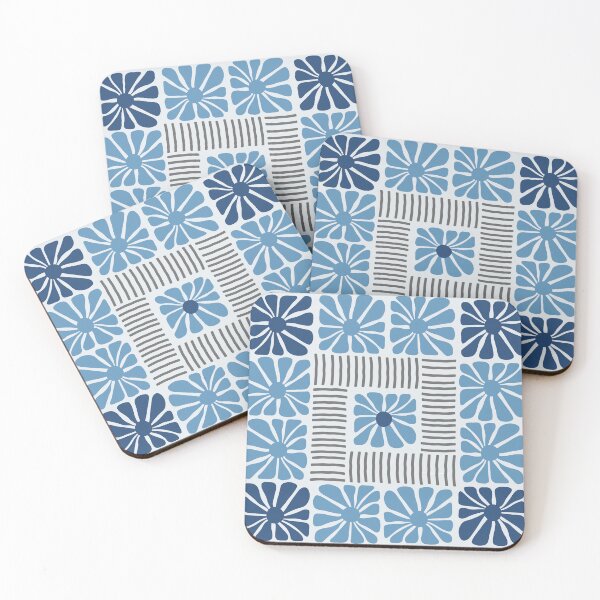 Item preview, Midcentury Modern stripes and flower pattern in Navy Blue and Grey designed and sold by nineFlorals.