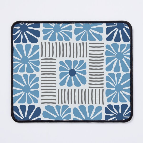 Item preview, Midcentury Modern stripes and flower pattern in Navy Blue and Grey designed and sold by nineFlorals.
