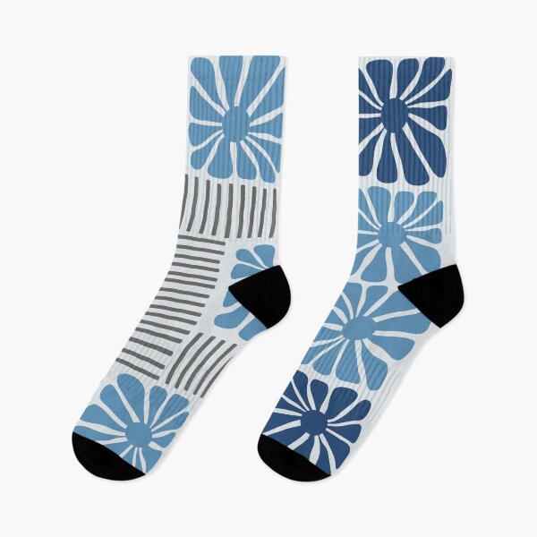 Item preview, Midcentury Modern stripes and flower pattern in Navy Blue and Grey designed and sold by nineFlorals.
