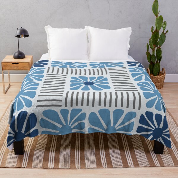 Item preview, Midcentury Modern stripes and flower pattern in Navy Blue and Grey designed and sold by nineFlorals.