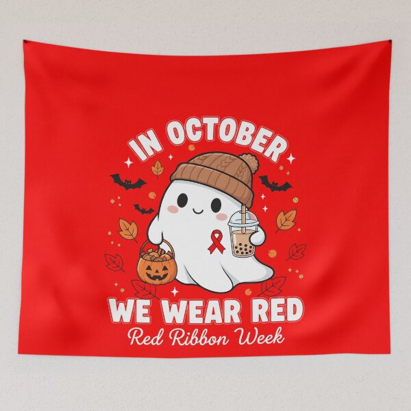 Item preview, In October We Wear Red, Cute Ghost Red Ribbon Week Awareness designed and sold by ArtByKatti.