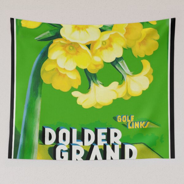 Item preview, Vintage Art Deco Travel Poster | Dolder Grand Hotel Zurich | Bold Yellow Flowers & Green Backdrop | Luxury Decor designed and sold by artofuniverse.