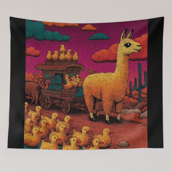Item preview, Lama with duck caravan – Surreal colorful pop art illustration designed and sold by Meiersbeste.