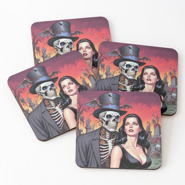 Item preview, Fancy dapper Skeleton man rotting in the night next to a sexy vampire girl cool horror art designed and sold by Vintage Designs +.