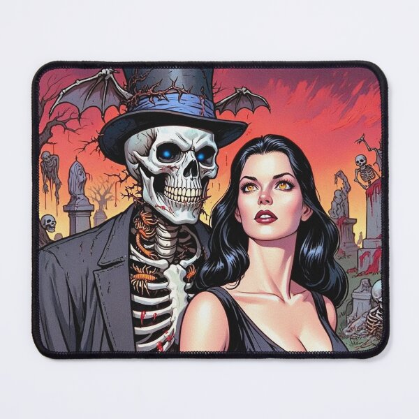 Item preview, Fancy dapper Skeleton man rotting in the night next to a sexy vampire girl cool horror art designed and sold by Vintage Designs +.