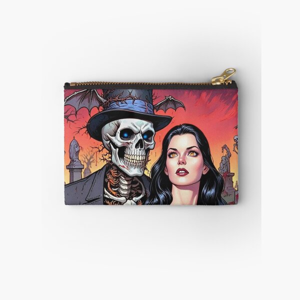 Item preview, Fancy dapper Skeleton man rotting in the night next to a sexy vampire girl cool horror art designed and sold by Vintage Designs +.