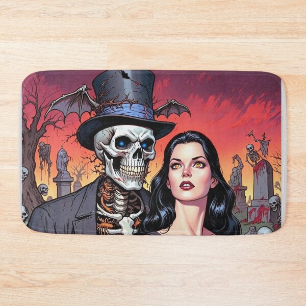 Item preview, Fancy dapper Skeleton man rotting in the night next to a sexy vampire girl cool horror art designed and sold by Vintage Designs +.