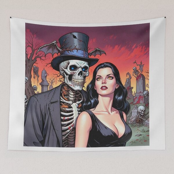 Item preview, Fancy dapper Skeleton man rotting in the night next to a sexy vampire girl cool horror art designed and sold by Vintage Designs +.