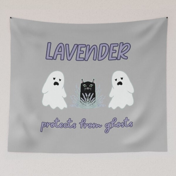 Item preview, LAVENDER PROTECTS FROM GHOSTS Cute Cat with Ghosts Design designed and sold by HugSomeNettles.