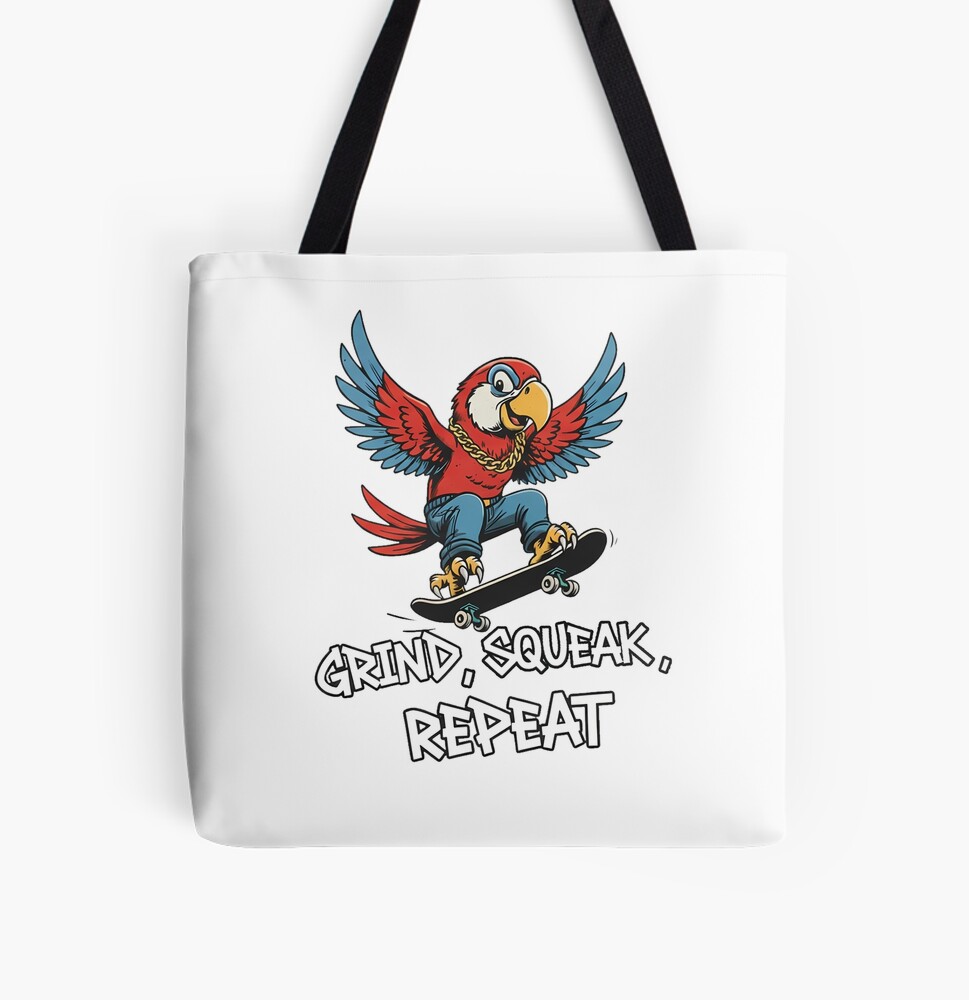 All Over Print Tote Bag - Parrot Skater Grind Squeak Repeat