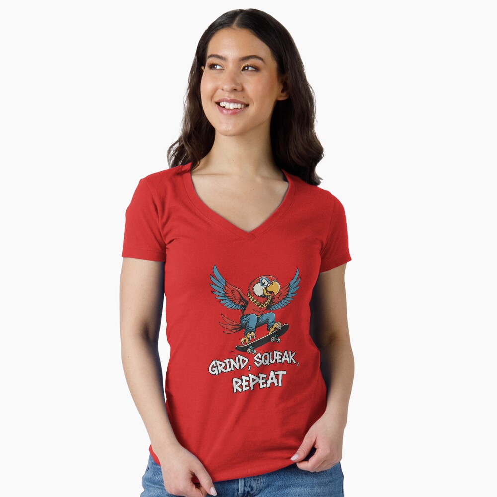 Fitted V-Neck T-Shirt — Parrot Skater Grind Squeak Repeat