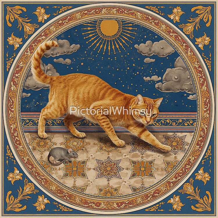 Orange tabby cat playing in medieval manuscript art style — illuminated cat illustration print