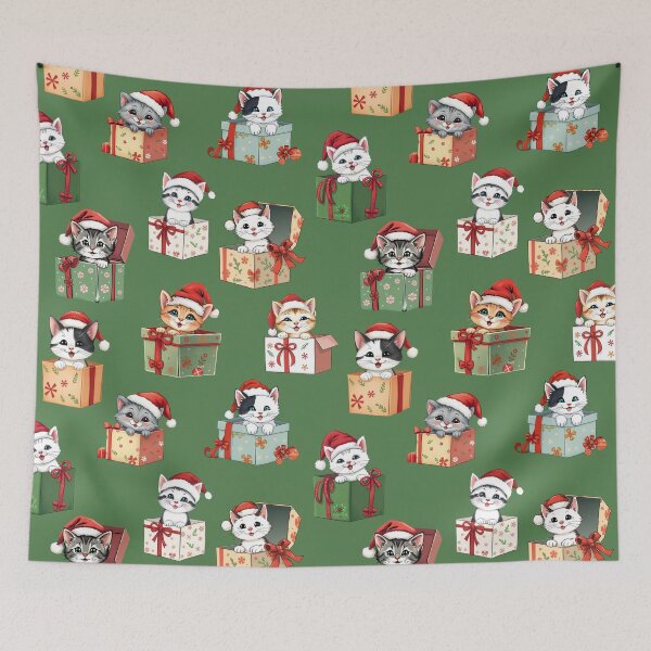 Item preview, Kittens in Christmas Present Boxes Pattern | Green Background designed and sold by UnhingedBird.