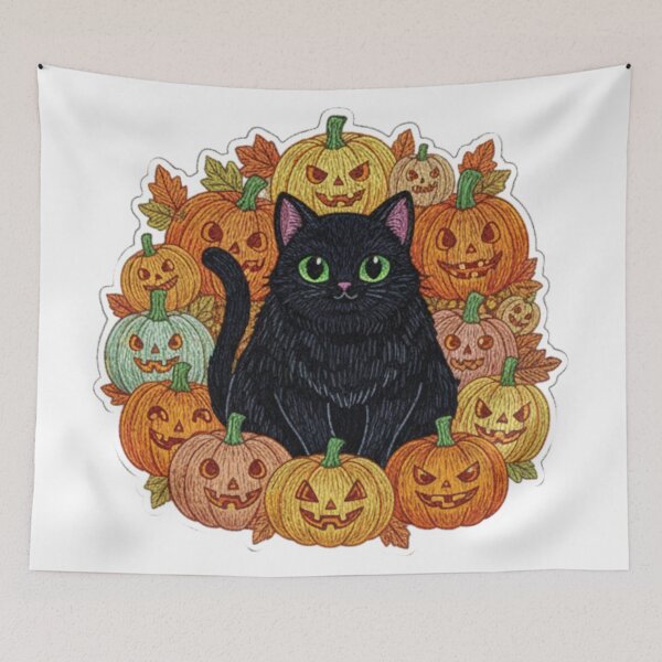 Item preview, Black cat and pumpkins cute halloween vintage autumn spooky cozy art designed and sold by ArtDesignTp.