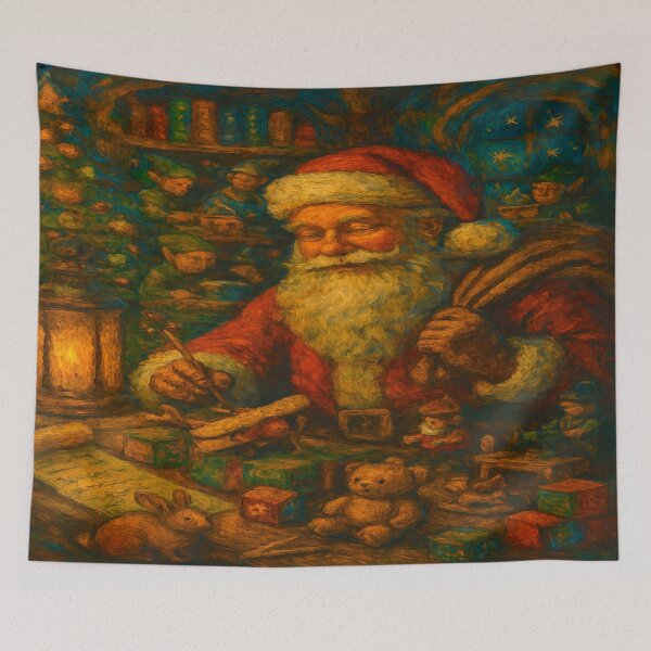 Item preview, Santa's workshop, Christmas festivities, Christmas atmosphere, Christmas tree, toys, sharing, holiday season, nativity designed and sold by Redbdon.