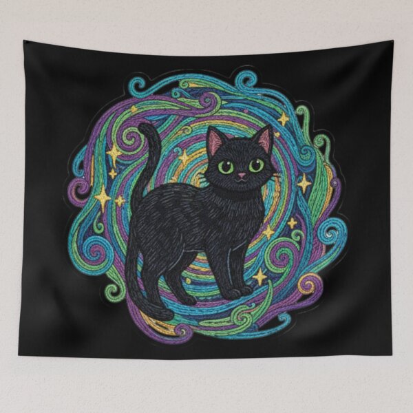 Item preview, Psychedelic black cat colorful swirl retro halloween cosmic feline art designed and sold by ArtDesignTp.