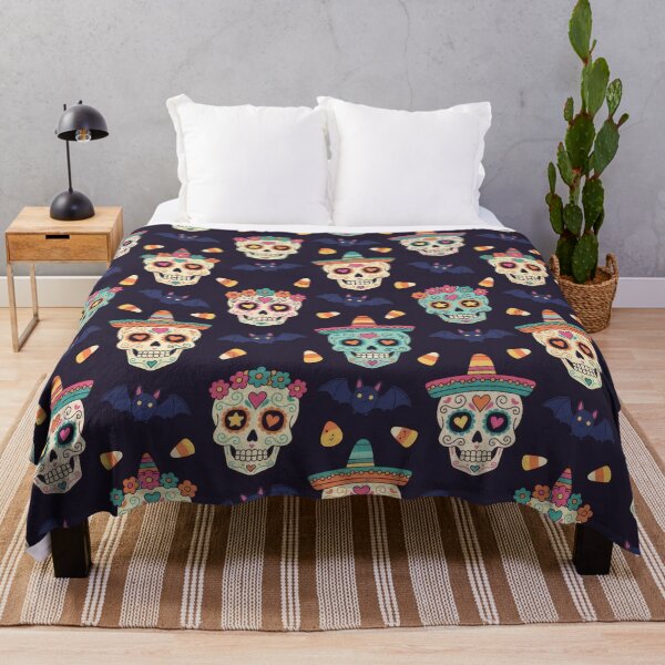 Item preview, Colorful Sugar Skulls, Bats, and Candy Corn Seamless Pattern designed and sold by RGShirtWorks.