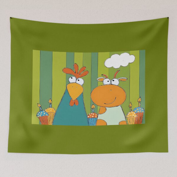 Item preview, Chicken and Cow Throwing a Birthday Bash With Cupcakes, Clouds, and Big Smiles Everywhere designed and sold by OlfactoART Studio.