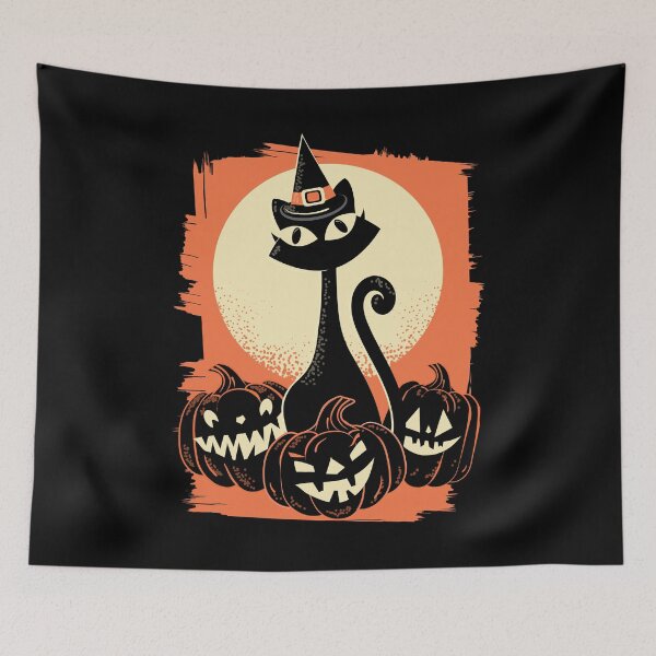 Item preview, MCM Halloween cute kitty cat with Witch hat surrounded by smiling jack o lanterns designed and sold by Jdawnink.