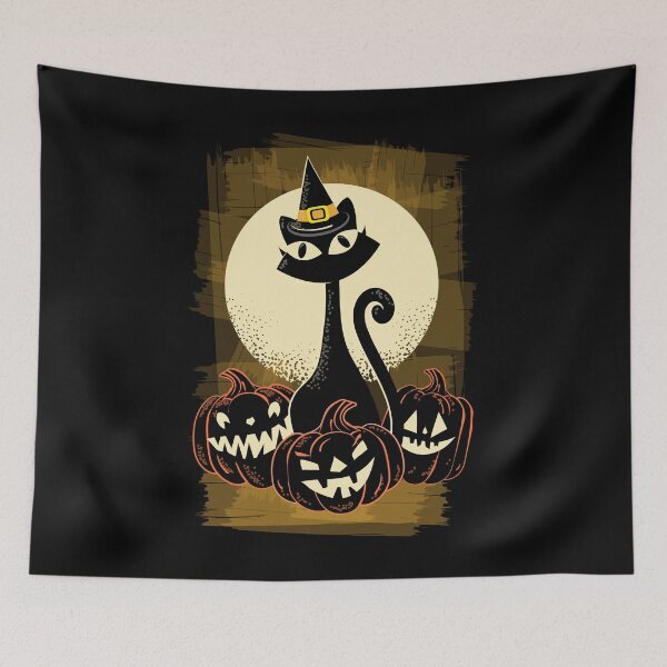 Item preview, MCM Halloween cute kitty cat with Witch hat surrounded by smiling jack o lanterns designed and sold by Jdawnink.