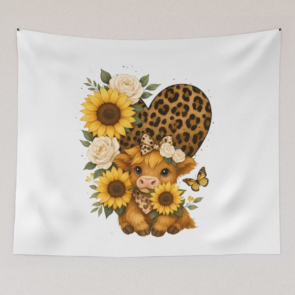 Item preview, Cute Highland Cow with Leopard Print Heart and Sunflowers – Boho Cow Art Illustration designed and sold by Sixtinebzh.