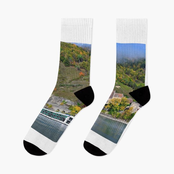 Item preview, A tourist cruise ship sails past the Church of Saint Michael,Mosinghof, Wachau valley, Austria designed and sold by goceris.