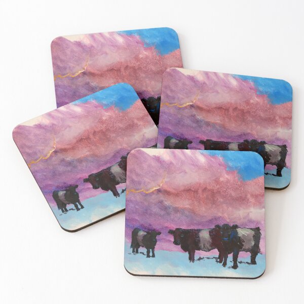 Item preview, Belted Galloway Cows Painting - Belties under surreal purple cloudy sky designed and sold by MikeJory.
