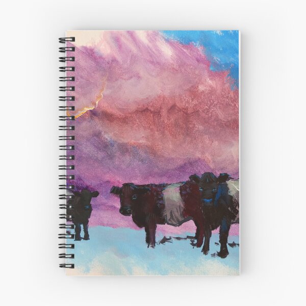 Item preview, Belted Galloway Cows Painting - Belties under surreal purple cloudy sky designed and sold by MikeJory.