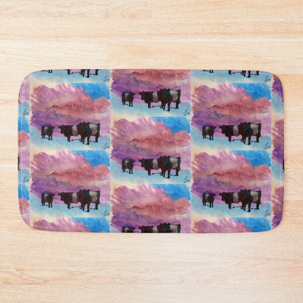 Item preview, Belted Galloway Cows Painting - Belties under surreal purple cloudy sky designed and sold by MikeJory.
