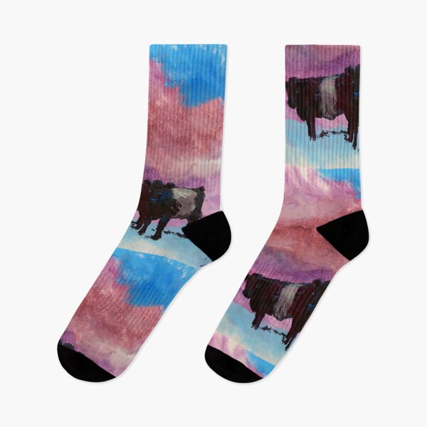 Item preview, Belted Galloway Cows Painting - Belties under surreal purple cloudy sky designed and sold by MikeJory.