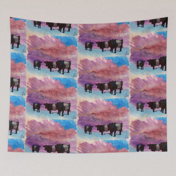 Item preview, Belted Galloway Cows Painting - Belties under surreal purple cloudy sky designed and sold by MikeJory.