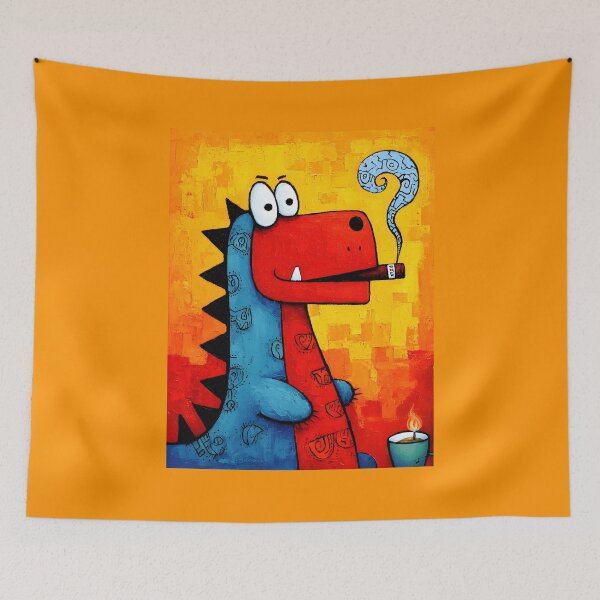 Item preview, Blue-Red Dino Puffing on a Cigar Like a Boss Amid Bright Orange-Red Chaos designed and sold by OlfactoART Studio.