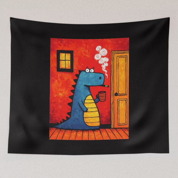 Item preview, Blue Dino Sipping Coffee and Puffing Cigar Like It Owns the Red Room designed and sold by OlfactoART Studio.