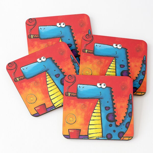 Item preview, Blue-Spotted Dino Enjoying a Cigar With a Cheeky Smile Against Bold Red Backdrop designed and sold by OlfactoART Studio.