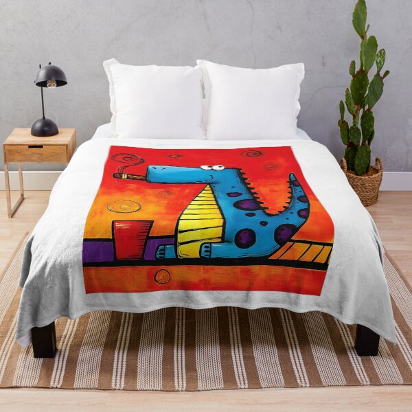 Item preview, Blue-Spotted Dino Enjoying a Cigar With a Cheeky Smile Against Bold Red Backdrop designed and sold by OlfactoART Studio.