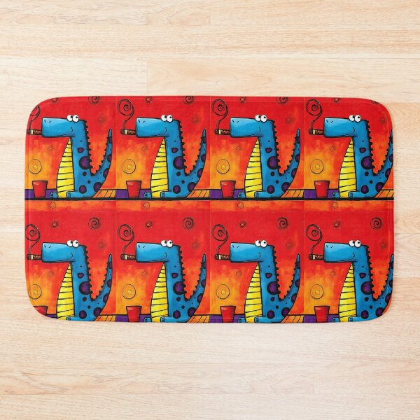 Item preview, Blue-Spotted Dino Enjoying a Cigar With a Cheeky Smile Against Bold Red Backdrop designed and sold by OlfactoART Studio.