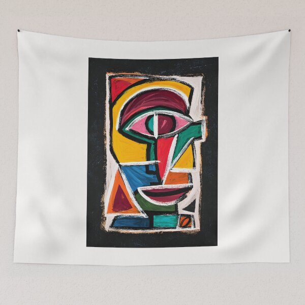 Item preview, Retrato abstracto vibrante con formas geométricas y rostro fragmentado en tonos rojos, azules y amarillos intensos. designed and sold by OlfactoART Studio.