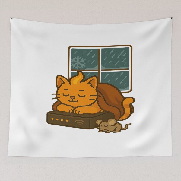 Item preview, Cozy orange cat on WiFi router – funny winter cartoon illustration for cat lovers designed and sold by MeowLaugh.