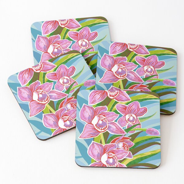 Item preview, Garlands of Pink Cymbidium Orchids on blue designed and sold by Linda Maliuana.