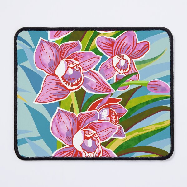 Item preview, Garlands of Pink Cymbidium Orchids on blue designed and sold by Linda Maliuana.