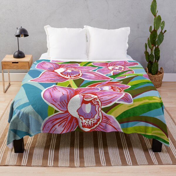 Item preview, Garlands of Pink Cymbidium Orchids on blue designed and sold by Linda Maliuana.