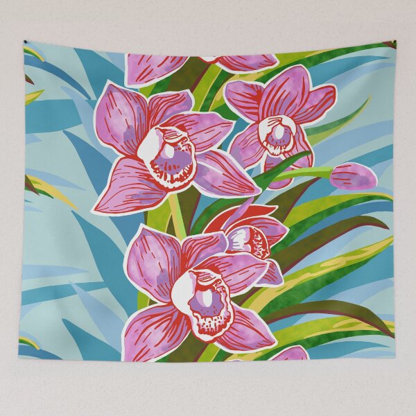 Item preview, Garlands of Pink Cymbidium Orchids on blue designed and sold by Linda Maliuana.