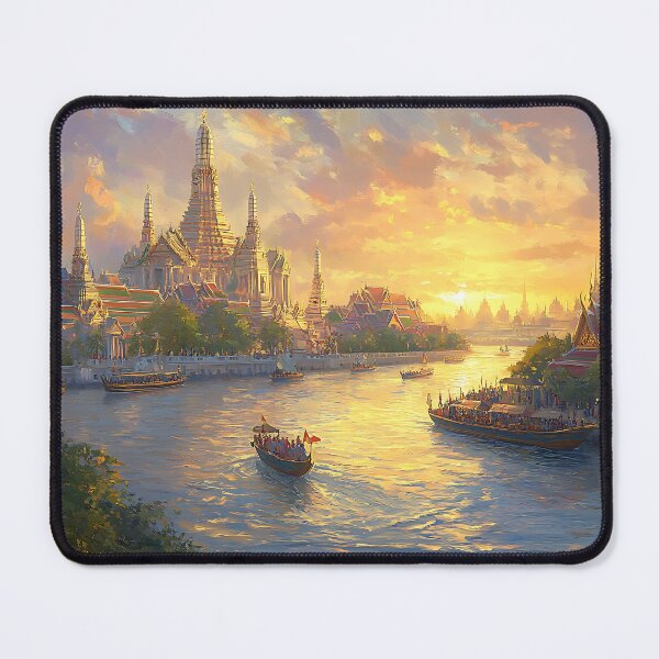 Item preview, Sunset Over Bangkok Riverside Temple | Thai Traditional Digital Painting designed and sold by vallass.
