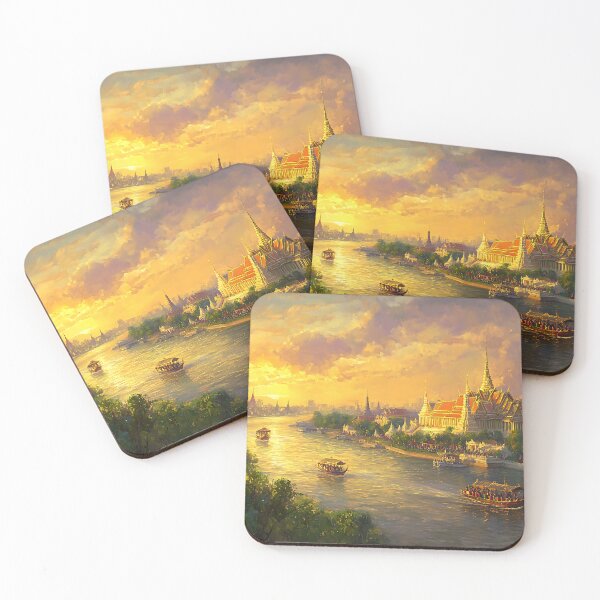 Item preview, Golden Sunset Over Bangkok Riverside Temple | Thai Printing Art designed and sold by vallass.