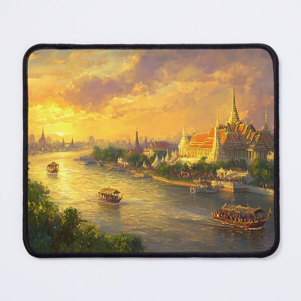 Item preview, Golden Sunset Over Bangkok Riverside Temple | Thai Printing Art designed and sold by vallass.