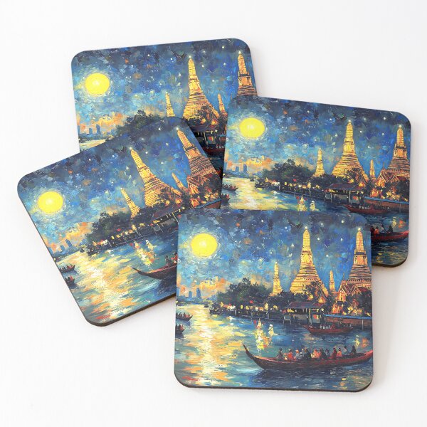 Item preview, Moonlight Over Wat Arun | Thai Nightscape Impressionist Digital Painting designed and sold by vallass.