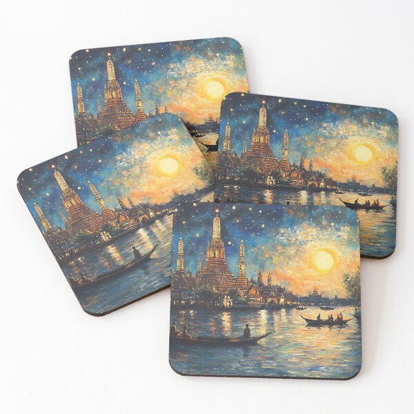 Item preview, Moonlit Wat Arun by the Chao Phraya River | Thai Impressionist Painting designed and sold by vallass.